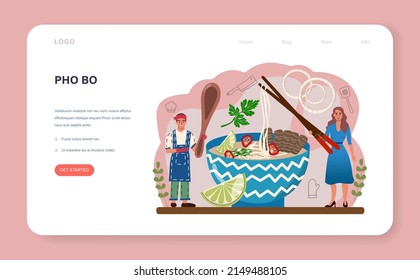 Pho bo web banner or landing page. Vietnamese soup in a bowl. Traditional spicy meal with noodles, broth and meat. Dish with lime eating with chopstick. Flat vector illustration