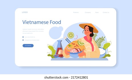 Pho bo web banner or landing page. Vietnamese soup in a bowl. Traditional spicy meal with noodles, broth and meat. Dish with lime eating with chopstick. Flat vector illustration