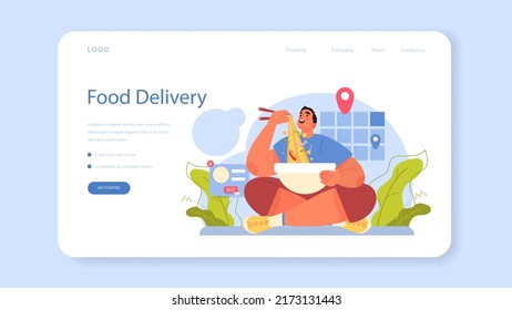 Pho bo web banner or landing page. Vietnamese soup in a bowl. Traditional spicy meal with noodles, broth and meat. Dish with lime eating with chopstick. Flat vector illustration