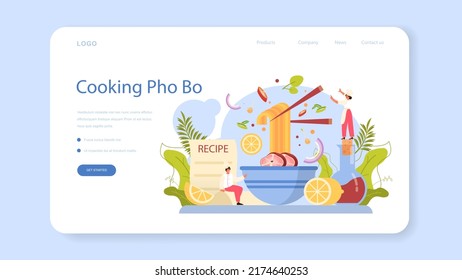 Pho bo web banner or landing page. Vietnamese soup in a bowl. Traditional spicy meal with noodles, broth and meat. Dish with lime eating with chopstick. Flat vector illustration