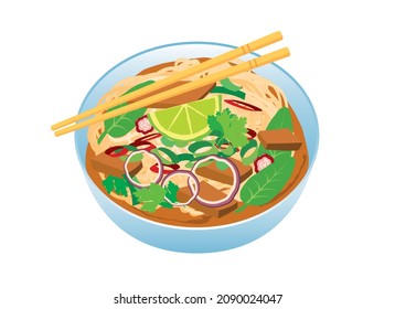 Pho soup and beef   vegetables icon vector  Bowl soup and noodles   meat icon vector  Vietnamese soup icon vector isolated white background  Delicious asian food design element
