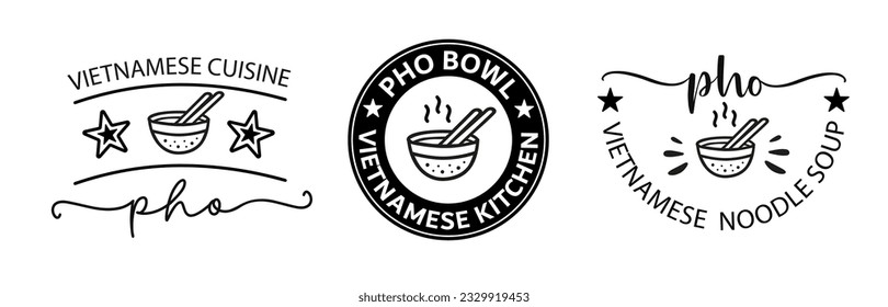 Pho. Vector bowl logo set. Design for poster, flyer, banner, menu cafe. Hand drawn calligraphy text. Typography pho soup logo icon. Signboard food icon pho noodle. Vietnamese kitchen street food.