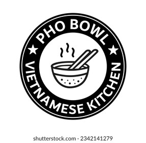 Pho. Vector bowl logo stamp. Design for poster, flyer, banner, menu cafe. Hand drawn calligraphy text. Typography pho soup logo icon. Signboard food icon pho noodle. Vietnamese kitchen street food.