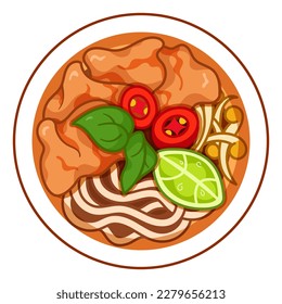 Pho vietnamese noodle soup recipe illustration vector. Asian vietnam noodles soup food icon top view.
Vietnamese noodles soup with pork top view cartoon. Pho vietnam noodles food menu icon vector.