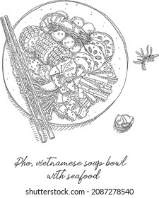 Pho, vietnamese soup with seafood. Sketchy hand-drawn vector illustration. Vietnamese food. The sketchy soup bowl with seafood and the chopsticks on it.