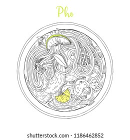 Pho. Vietnamese soup. Vector illustration of a sketch style.