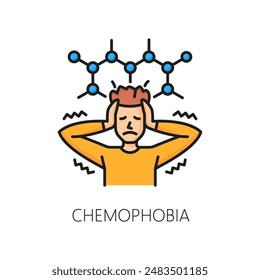 Fobia, quimiofobia, miedo a los productos químicos o química, Vector de línea icono de problemas de salud mental. Psicología, trastorno de ansiedad y problema cognitivo de la mente, esquema icono de persona con quimiofobia fobia