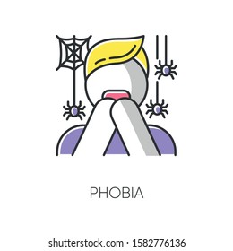 Phobia color icon. Fear of spiders. Arachnophobia. Frightened person, terrified man. Horror. Panic attack. Anxiety and distress. Psychotherapy. Mental disorder. Isolated vector illustration