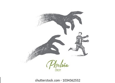 Phobia concept. Hand drawn scared person surrounded by ghost. Man running from his fear isolated vector illustration.