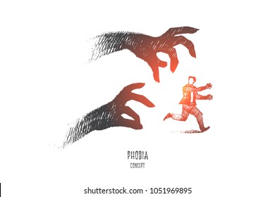 Phobia concept. Hand drawn scared person surrounded by ghost. Man running from his fear isolated vector illustration.