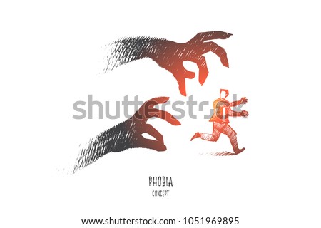 Phobia concept. Hand drawn scared person surrounded by ghost. Man running from his fear isolated vector illustration.