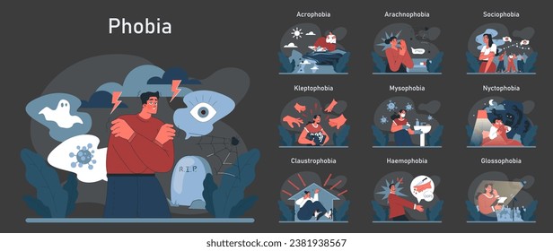 La fobia está en modo oscuro o nocturno. El pánico y los miedos internos irracionales de los seres humanos. Trastorno mental, sensación de amenaza y peligro. Psicología y terapia mental. Ilustración vectorial plana