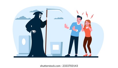 Phobia of death. People fear. Scary reaper in cape with scythe next to frightened man and woman. Panicked couple in graveyard. Spooky skeleton in cloak. Vector