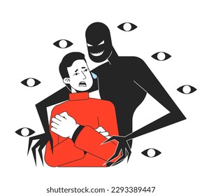 Trastorno fobia concepto de línea plana vectorial de ilustración spot. Hombre sintiendo miedo y pánico personaje de contorno de caricatura 2D en blanco para diseño de interfaz de usuario de aplicación web. Ansiedad social editable imagen de héroe colorido