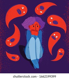 Phobia of ghosts and spirits paranormal vector illustration, girl scared in panic attack surrounded with imaginary ghosts flying around her, psychology and psychiatry.