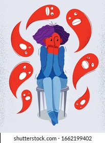 Phobia of ghosts and spirits paranormal vector illustration, girl scared in panic attack surrounded with imaginary ghosts flying around her, psychology and psychiatry.