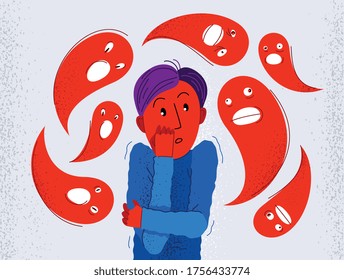 Phobia of ghosts and spirits paranormal vector illustration, boy scared in panic attack surrounded with imaginary ghosts flying around him, psychology and psychiatry.