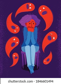 Phobia of ghosts and spirits paranormal vector illustration, girl scared in panic attack surrounded with imaginary ghosts flying around her, psychology and psychiatry.