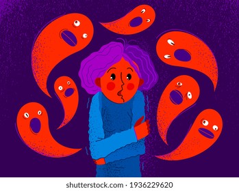 Phobia of ghosts and spirits paranormal vector illustration, girl scared in panic attack surrounded with imaginary ghosts flying around her, psychology and psychiatry.