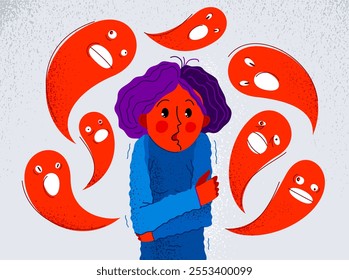 Phobia of ghosts and spirits paranormal vector illustration, girl scared in panic attack surrounded with imaginary ghosts flying around her, psychology and psychiatry.