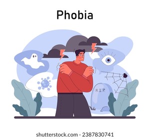 Phobia. Human's irrational inner fears and panic. Mental disorder, feeling of threat and danger. Psychology and mental therapy. Flat vector illustration