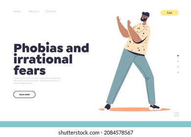 Phobia and irrational fear concept of landing page with scared young man look frightened suffering panic attack and anxiety. Male afraid of unknown. Cartoon flat vector illustration