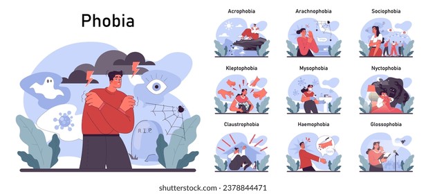 Phobia set. Human's irrational inner fears and panic. Mental disorder, feeling of threat and danger. Psychology and mental therapy. Flat vector illustration
