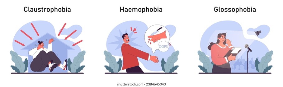 Phobia set. Human's irrational inner fears and panic. Mental disorder, feeling of threat and danger. Psychology and mental therapy. Flat vector illustration