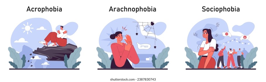 Phobia set. Human's irrational inner fears and panic. Mental disorder, feeling of threat and danger. Psychology and mental therapy. Flat vector illustration