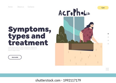 Phobia symptom, type and treatment concept of landing page with woman suffering from acrophobia, fear of height. Scared cartoon female depressed and anxious looking down. Flat vector illustration