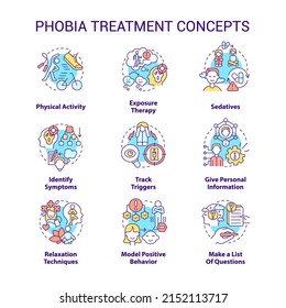 Phobia treatment concept icons set. Therapy techniques. Anxiety disorder idea thin line color illustrations. Isolated symbols. Editable stroke. Roboto-Medium, Myriad Pro-Bold fonts used
