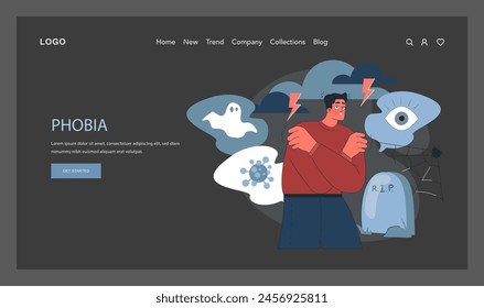 Phobia web banner or landing page dark or night mode. Human's irrational inner fears and panic. Mental disorder, feeling of threat and danger. Flat vector illustration