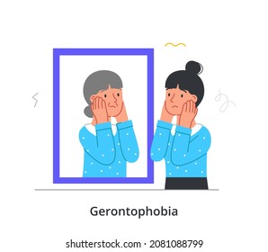 Phobias and fears concept. Gerontophobia. Young woman stands in front of mirror and looks at her aging reflection. Female character afraid of getting old. Flabby skin. Cartoon flat vector illustration