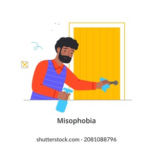 Phobias and fears concept. Misophobia. Frightened bearded man holds disinfectant and wipes door handle. Male character afraid of bacteria, viruses and germs. Cartoon flat vector illustration