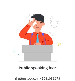 Phobias and fears concept. Public speaking fear. Young man stands behind podium and speaks to large audience. Male character worried and sweating. Wipe sweat. Cartoon flat vector illustration