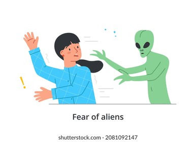 Phobias and fears concept. Young woman afraid of aliens. Frightened female character runs away from creature of unearthly origin. Psychological or mental disorder. Cartoon flat vector illustration