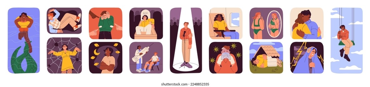 Phobias, fears set. Characters with mental disorders, acrophobia, claustrophobia, aerophobia. Psychology concept. Panic, discomfort with spiders, height, doctors, death. Flat vector illustrations