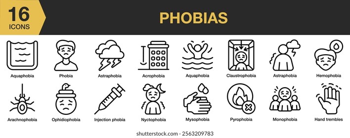 Phobias icon set. Includes phobia, fear, panic, scared, problem, afraid, and More. Outline icons vector collection.