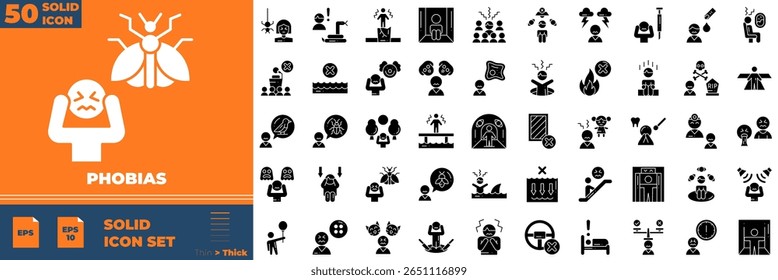 Fobias Solid Editable Icons set. Ilustração vetorial em estilo sólido fino moderno de ícones de fobias: aranha, pessoas, psicologia, etc