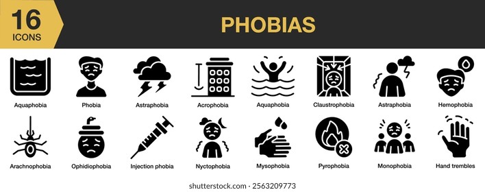 Phobias solid icon set. Includes phobia, fear, panic, scared, problem, afraid, and More. Solid icons vector collection.