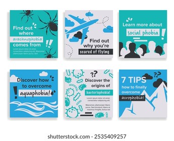 Phobias spider airplane flying aquaphobia bacteriaphobia acrophobia social media post set vector flat illustration. Psychology mental scared discover how to overcome healthcare medical poster