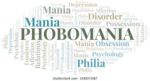 Phobomania word cloud. Type of mania, made with text only.