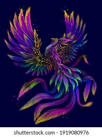 Phoenix. Abstract, Color, neon, digital drawing of the phoenix bird in watercolor style on a blue background. Vector graphics. Separate layers.