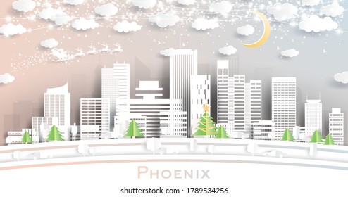 Phoenix Arizona City Skyline in Paper Cut Style with Snowflakes, Moon and Neon Garland. Vector Illustration. Christmas and New Year Concept. Santa Claus on Sleigh.