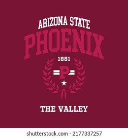 Phoenix, Arizona design for t-shirt. College tee shirt print. Typography graphics for sportswear and apparel. Vector illustration.