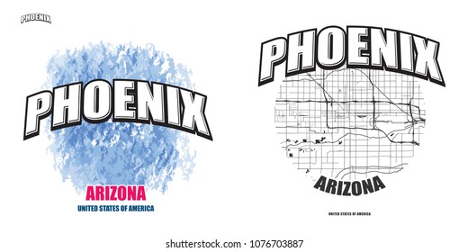 Phoenix, Arizona, logo design. Two in one vector arts. Big logo with vintage letters with nice colored background and one-color-version with map for every possible print production.