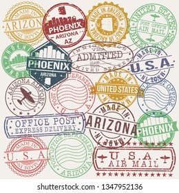 Phoenix Arizona Set of Stamps. Travel Stamp. Made In Product. Design Seals Old Style Insignia.