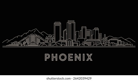Phoenix Arizona Skyline Outline with Black Background.