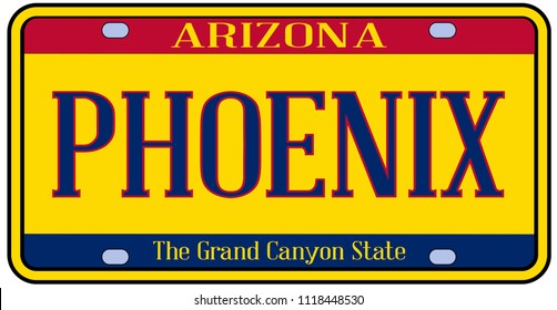 Phoenix Arizona state capital city license plate in the colors of the state flag with icons over a white background