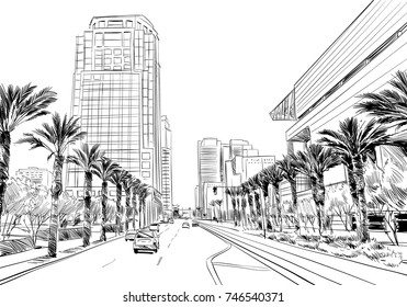  Phoenix. Arizona. USA. Hand drawn. Unusual Street sketch, vector illustration
